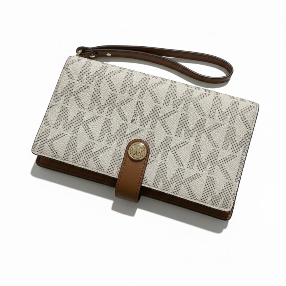 Michael Kors Monogram Cream and Tan Wristlet